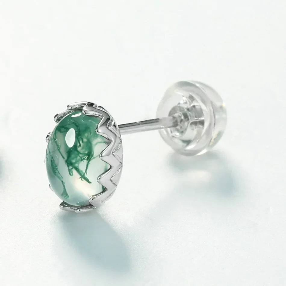 Green moss agate stud earrings oval shape sterling silver