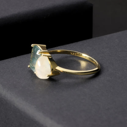 You and me ring with a natural green moss agate and a moonstone toi et moi ring