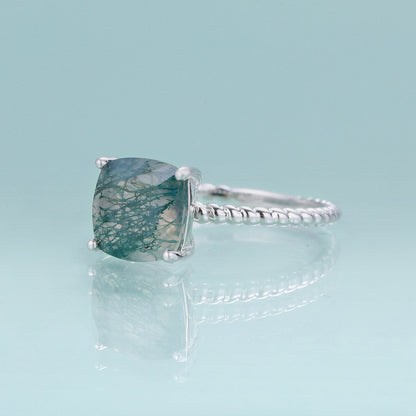 Natural moss agate ring square shape in silver