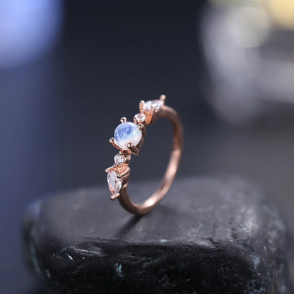 Women's moonstone ring rose gold with small round moonstones romantic ring for her