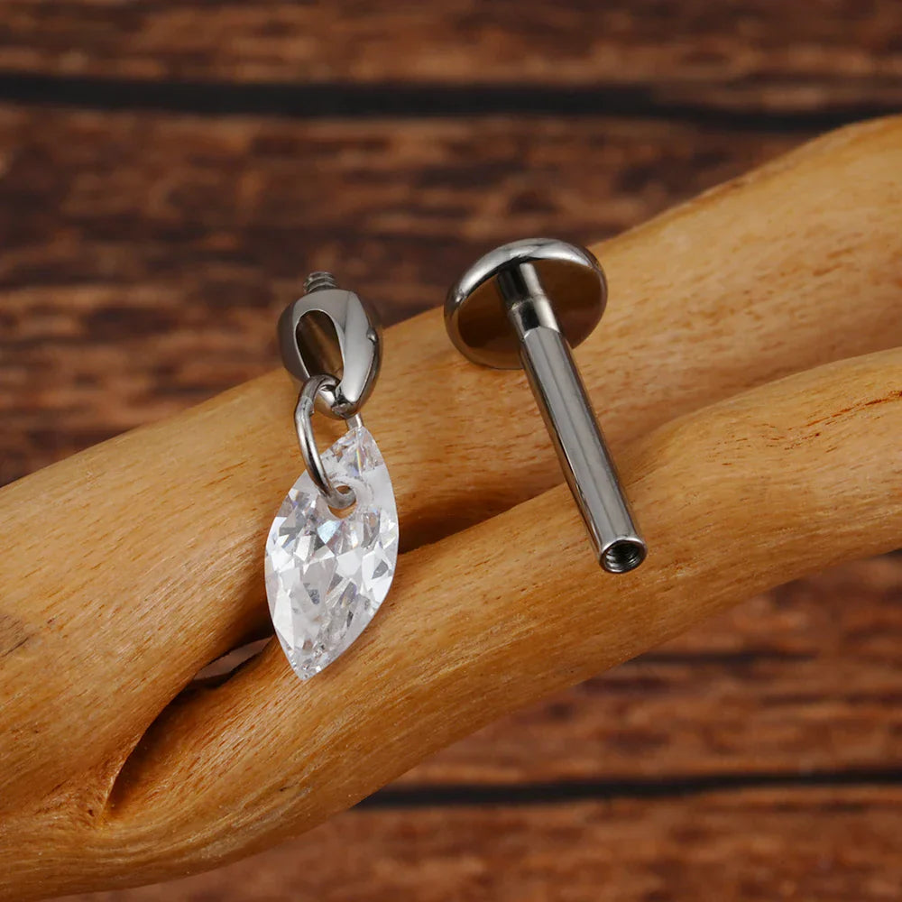 Dangle helix piercing with clear CZ titanium drop earring 16G conch piercing