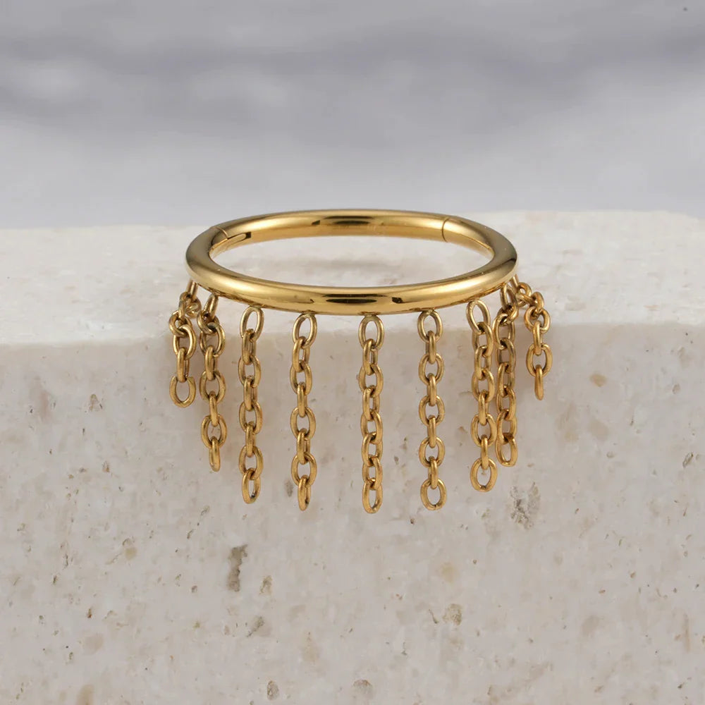 Snug piercing hoop with chains 16G titanium gold silver hinged segment clicker