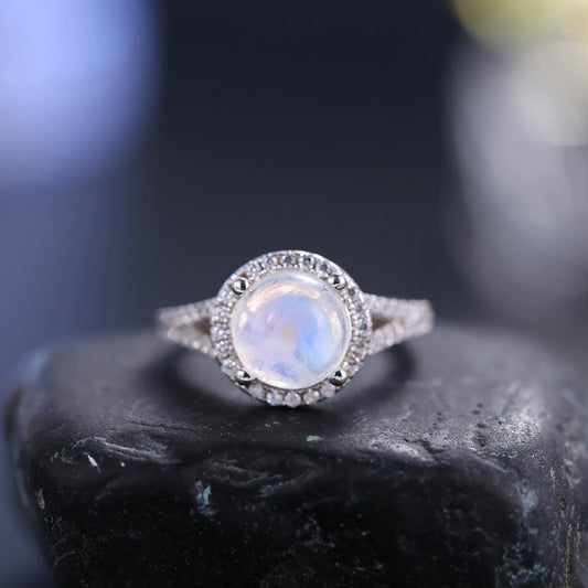 Large moonstone ring with a round moonstone and cz stones