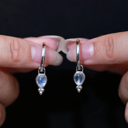 Moonstone drop earrings with teardrop moonstones three dots and cz short hoop earrings