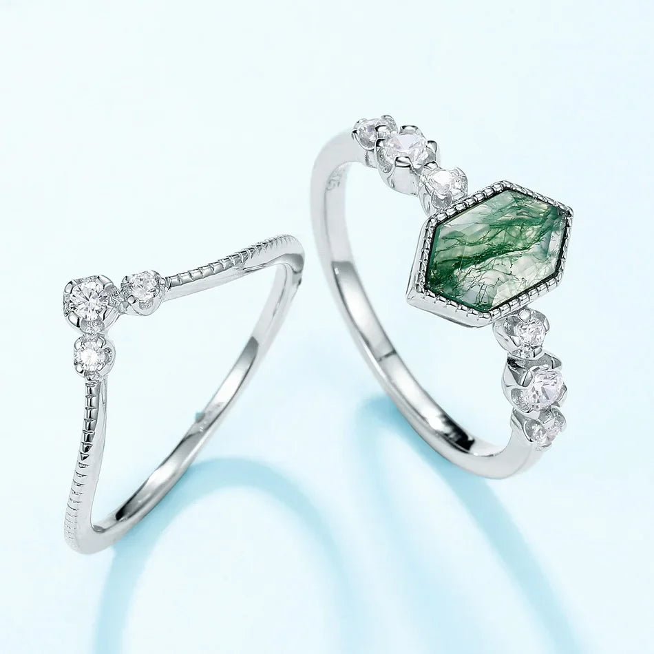 Moss agate engagement ring set with natural hexagon moss agate and sterling silver