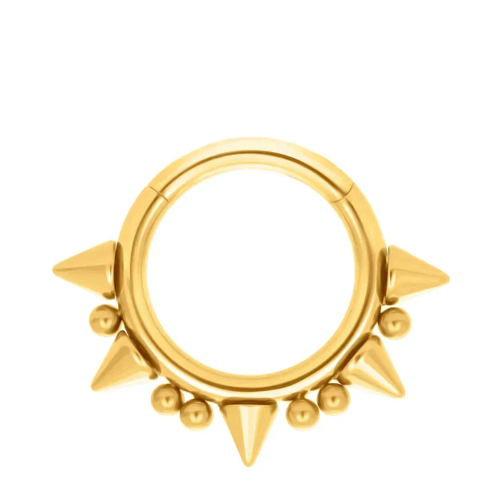 Gold hoop earring with spikes and studs, modern fashion jewelry from Rosary Milano