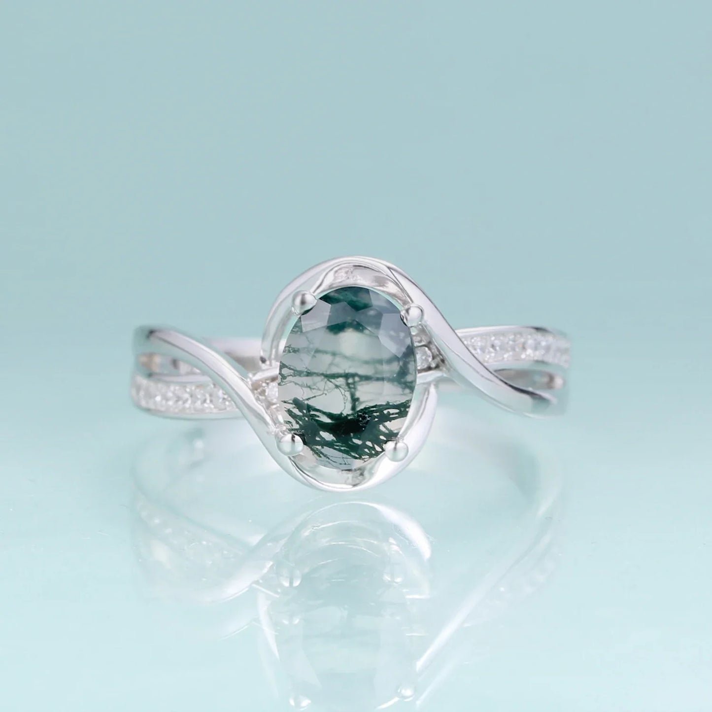 Moss agate and diamond engagement ring sterling silver oval moss agate engagement ring