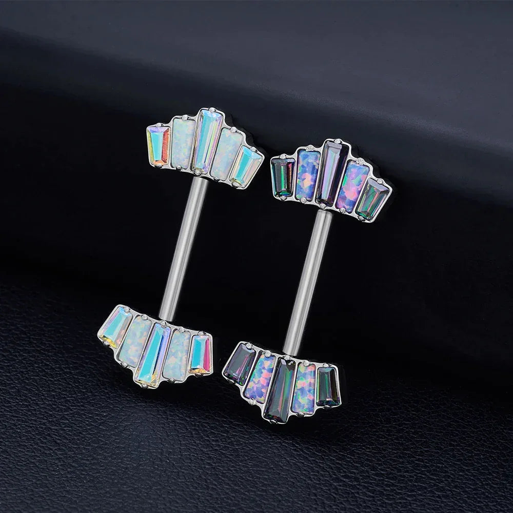 Iridescent opal barbell earrings with baguette stones on black leather, Rosary Milano jewelry