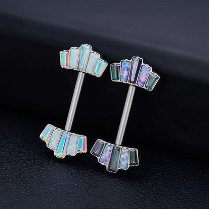 Iridescent opal barbell earrings with baguette stones on black leather, Rosary Milano jewelry
