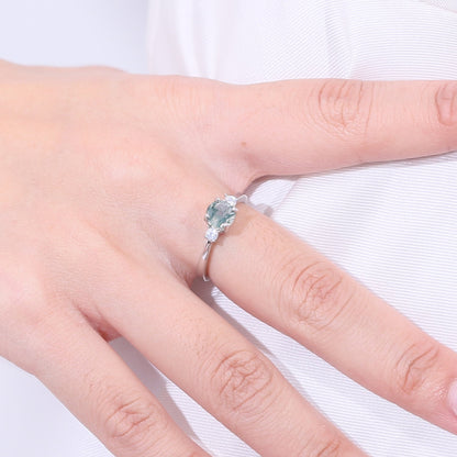 Green moss agate ring classic three-stone engagement ring in silver