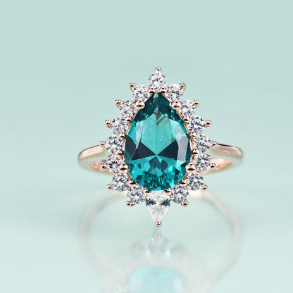 Green emerald engagement ring lab created rose gold teardrop