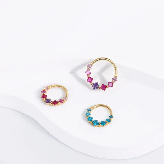 Real gold septum ring with pink blue CZ stones pretty and cute 14K gold nose ring