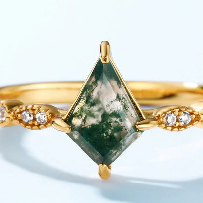 Dainty moss agate ring with a kite cut moss agate crystal sterling silver