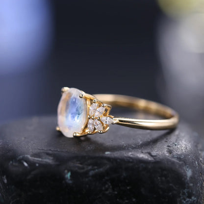Moonstone wedding ring with a real moon stone and diamond cz