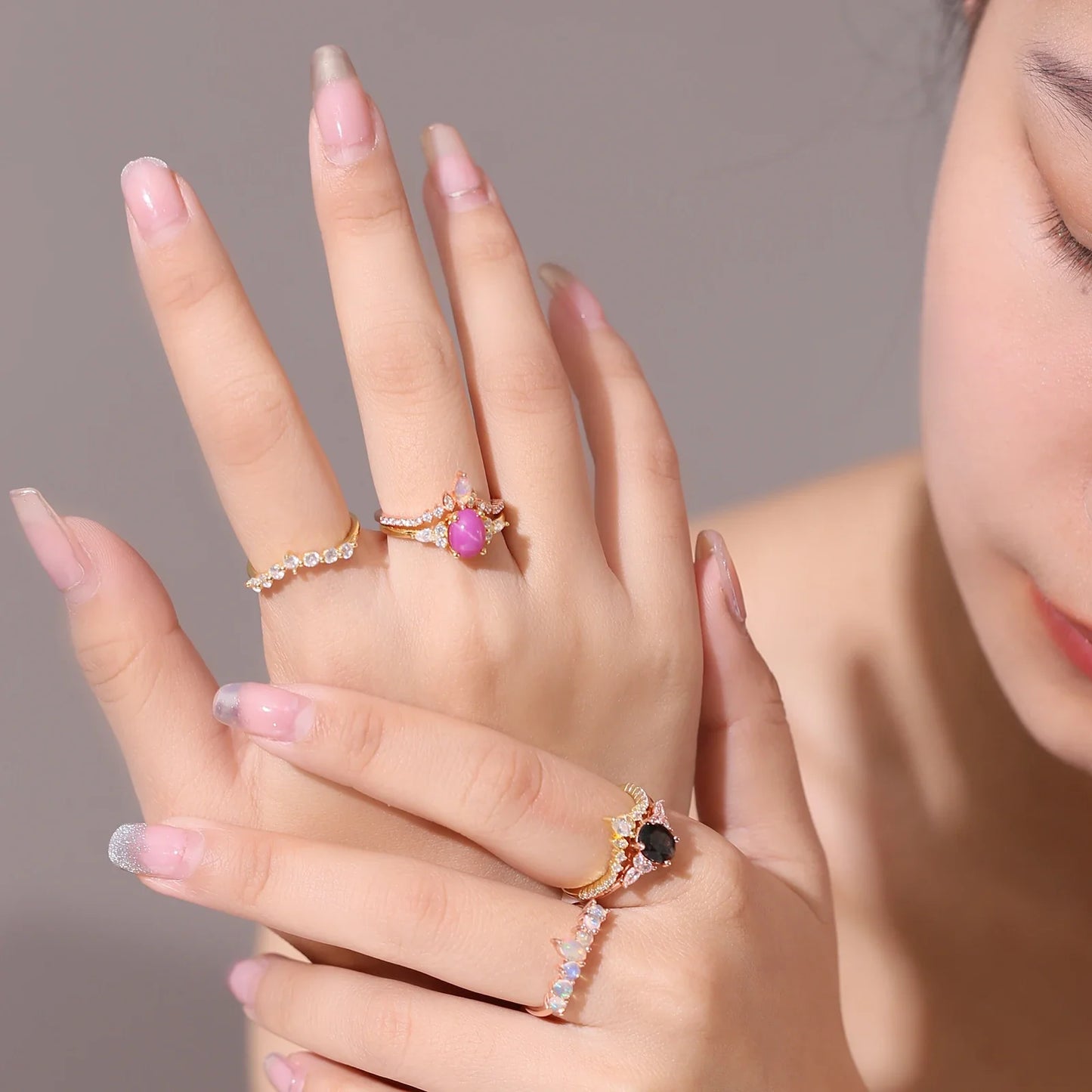 Black rutilated quartz promise ring 14K rose gold antique looking gothic engagement ring