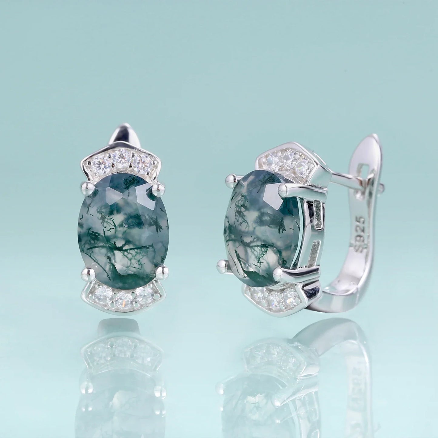 Green moss agate earrings with clear cz sterling silver hoop earrings