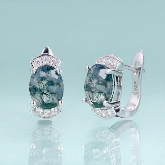 Green moss agate earrings with clear cz sterling silver hoop earrings
