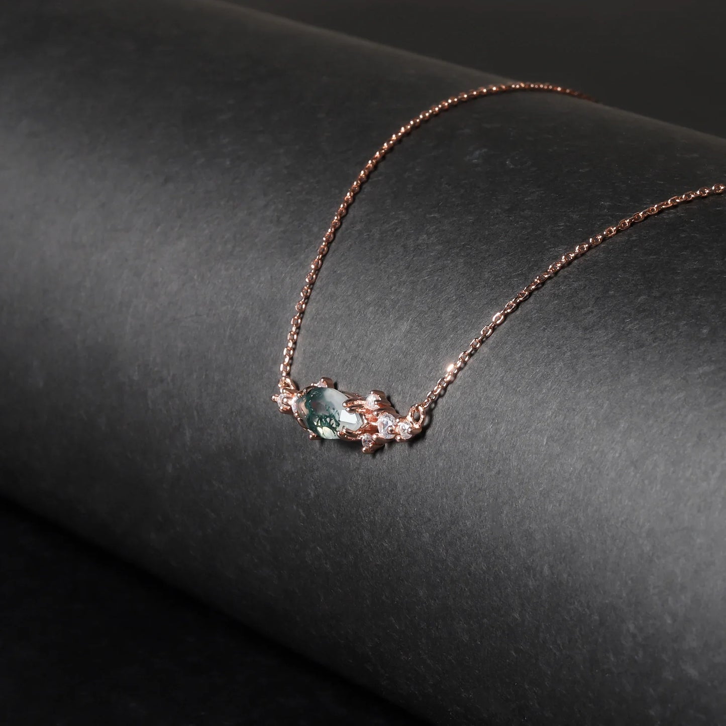 Moss agate pendant necklace with a marquise stone rose gold necklace