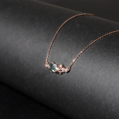 Moss agate pendant necklace with a marquise stone rose gold necklace