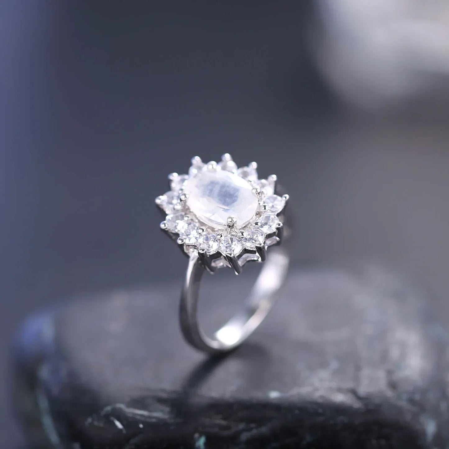 Moonstone and diamond cz ring (Mini) with an oval moonstone and cz promise ring for her
