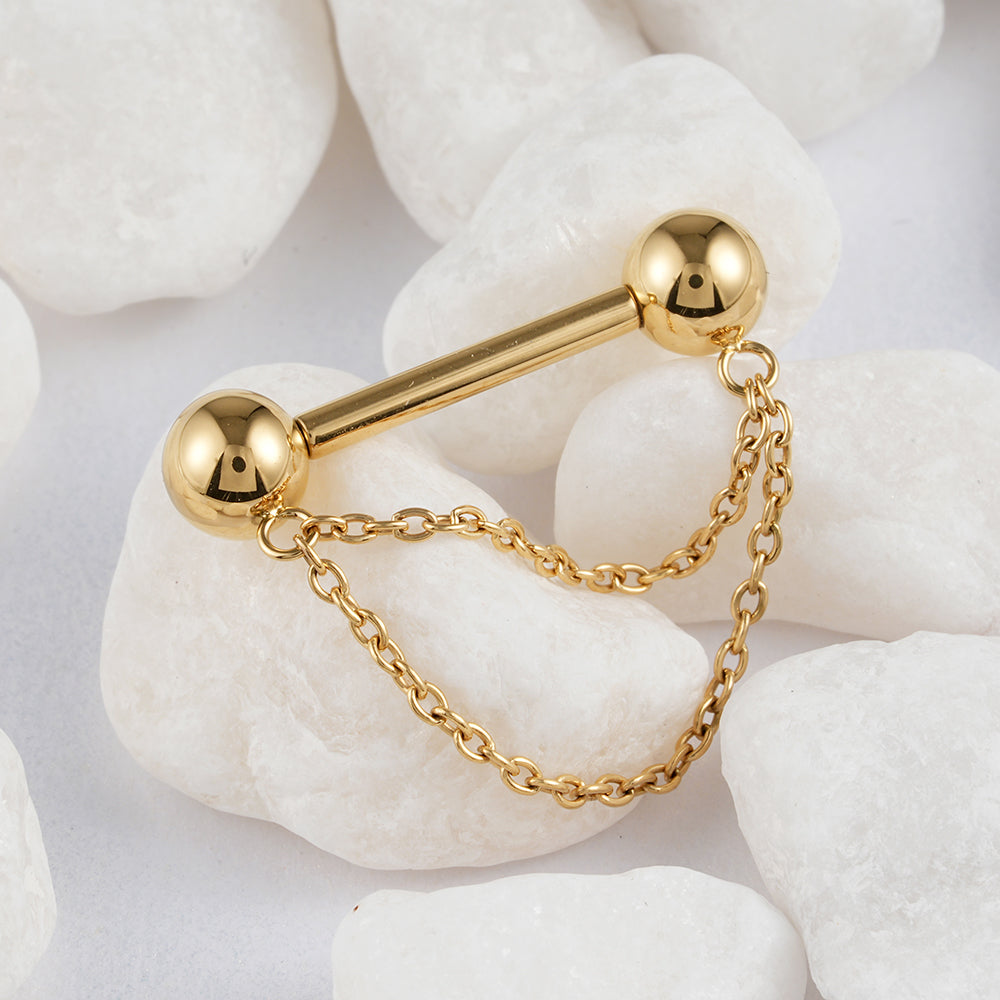 Titanium nipple bar with double chains gold and silver cute and unique 14G 1 piece
