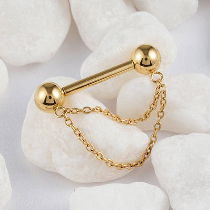 Titanium nipple bar with double chains gold and silver cute and unique 14G 1 piece