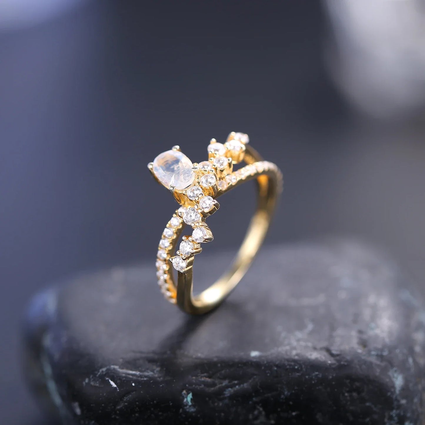 Art deco moonstone ring with diamond cz stones