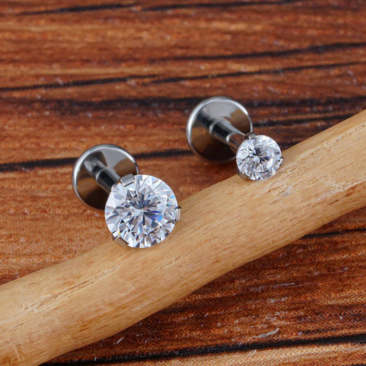 Single diamond stud earring with a cz stone titanium 2.5mm 3mm 4mm labret stud 16G flatback