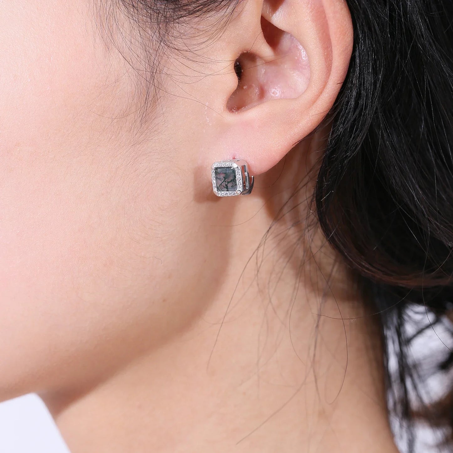 Moss agate earrings with square green moss agate sterling silver earrings
