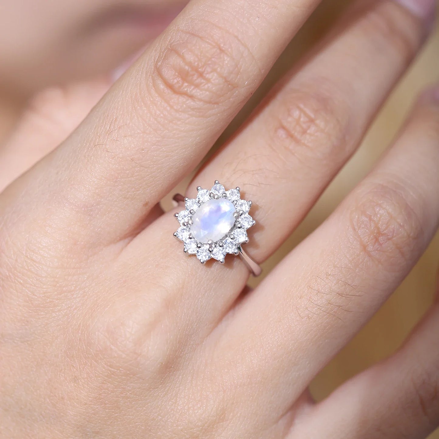 Moonstone and diamond cz ring (Mini) with an oval moonstone and cz promise ring for her