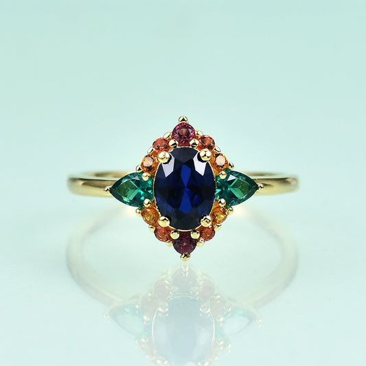 Blue sapphire ring with emerald art deco vintage style colorful ring