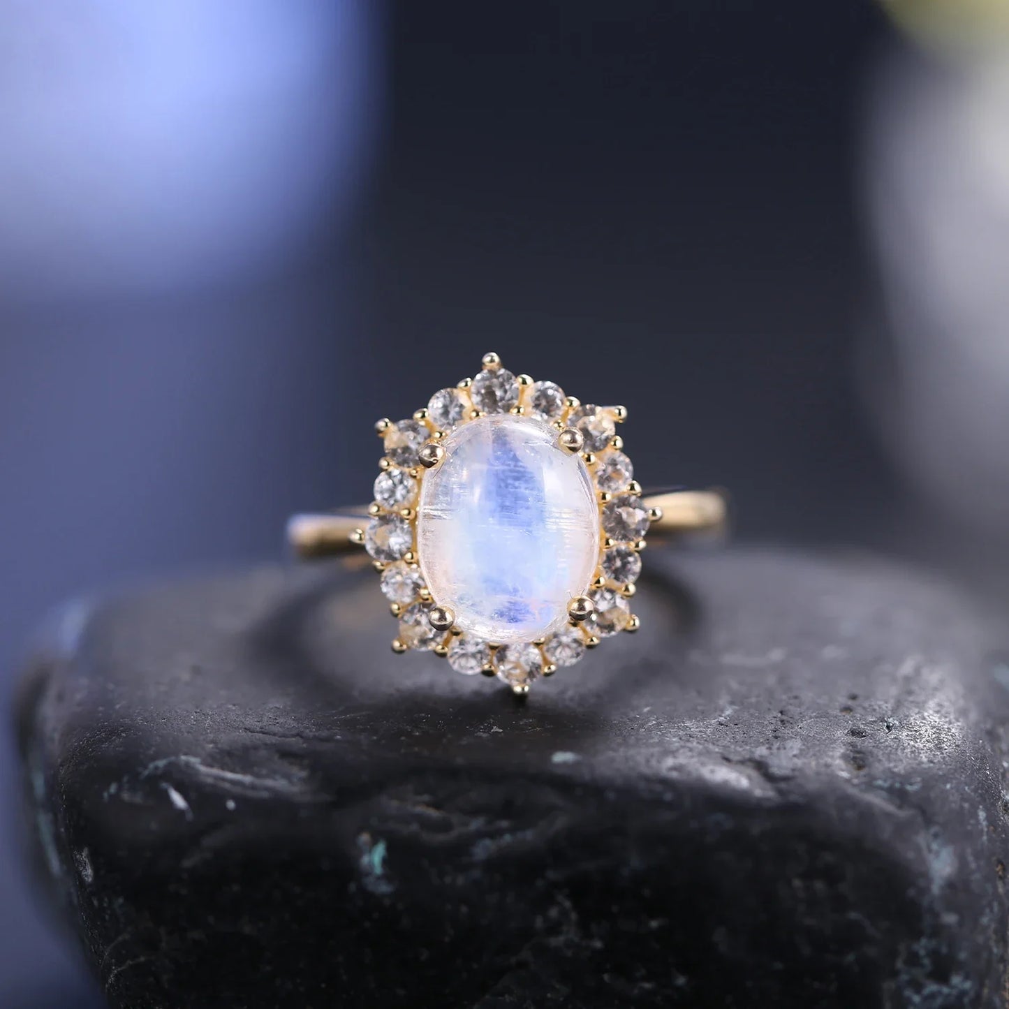 Moonstone engagement ring in gold and silver vintage style with diamond cz