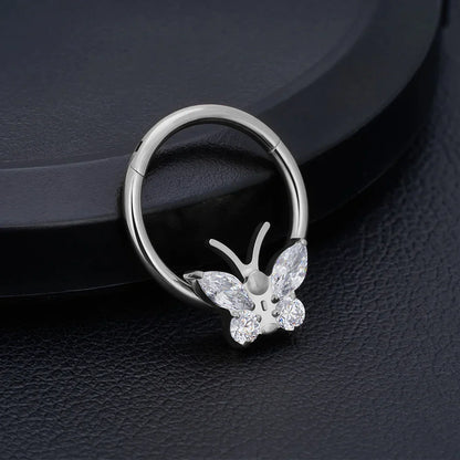 Butterfly nose ring gold silver with CZ stones septum piercing titanium nose clicker