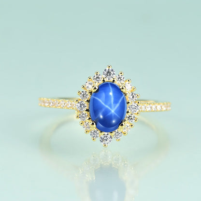 14K gold Princess Diana wedding ring mini blue star sapphire
