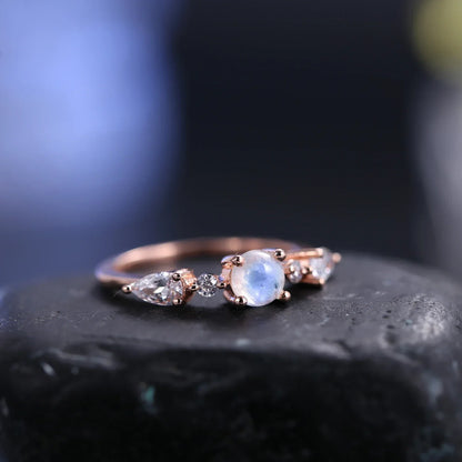Women's moonstone ring rose gold with small round moonstones romantic ring for her