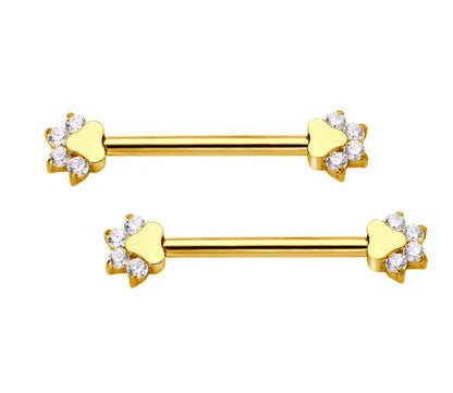 Nipple piercings with cat paws 14G 14mm gold and silver titanium 1 pair