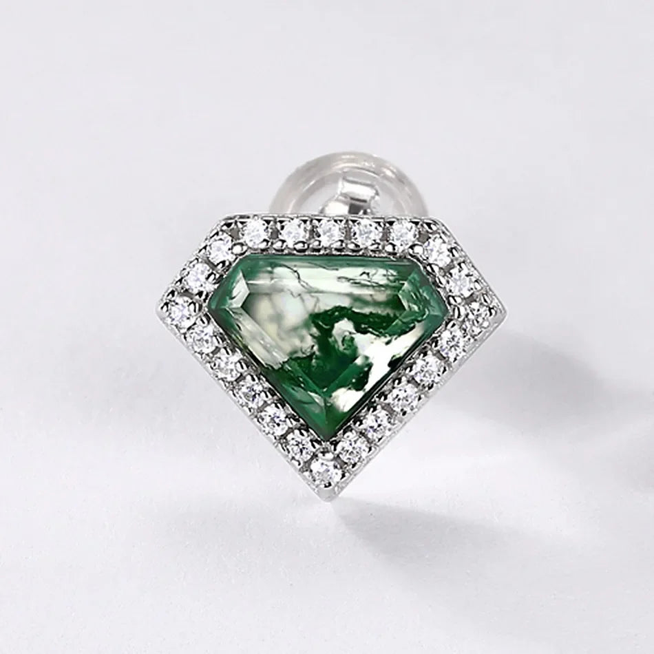 Moss agate stud earrings with diamond shaped moss agate and clear cz stones
