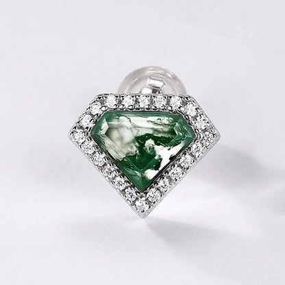 Moss agate stud earrings with diamond shaped moss agate and clear cz stones