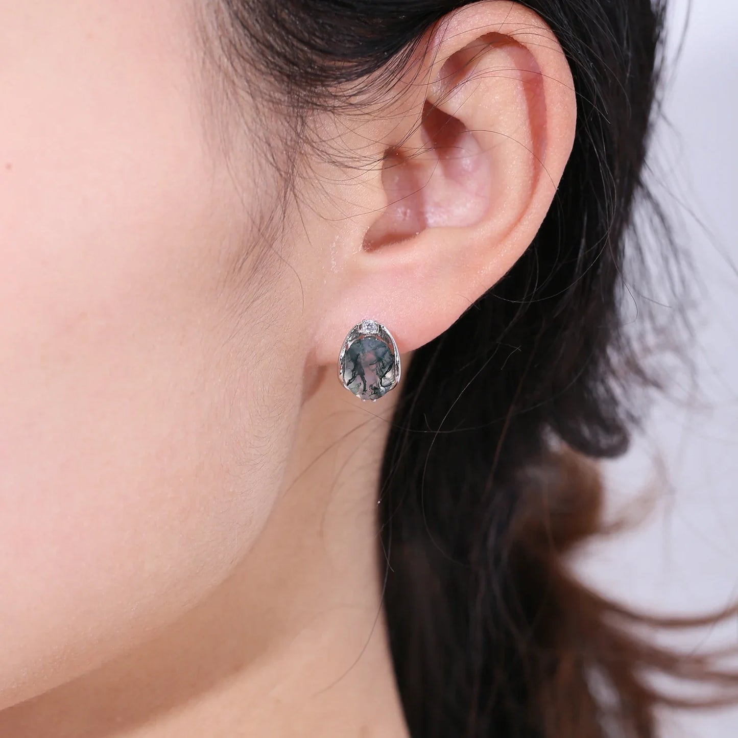 Moss agate silver earrings with natural oval moss agate gemstones and diamond cz stones