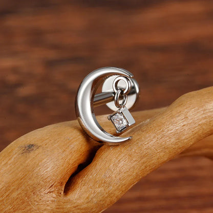 Moon stud earring with a clear CZ crescent moon titanium stud 16G
