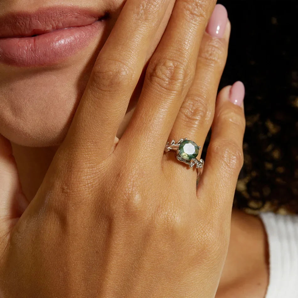 Moss agate leaf ring with a round moss agate sterling silver