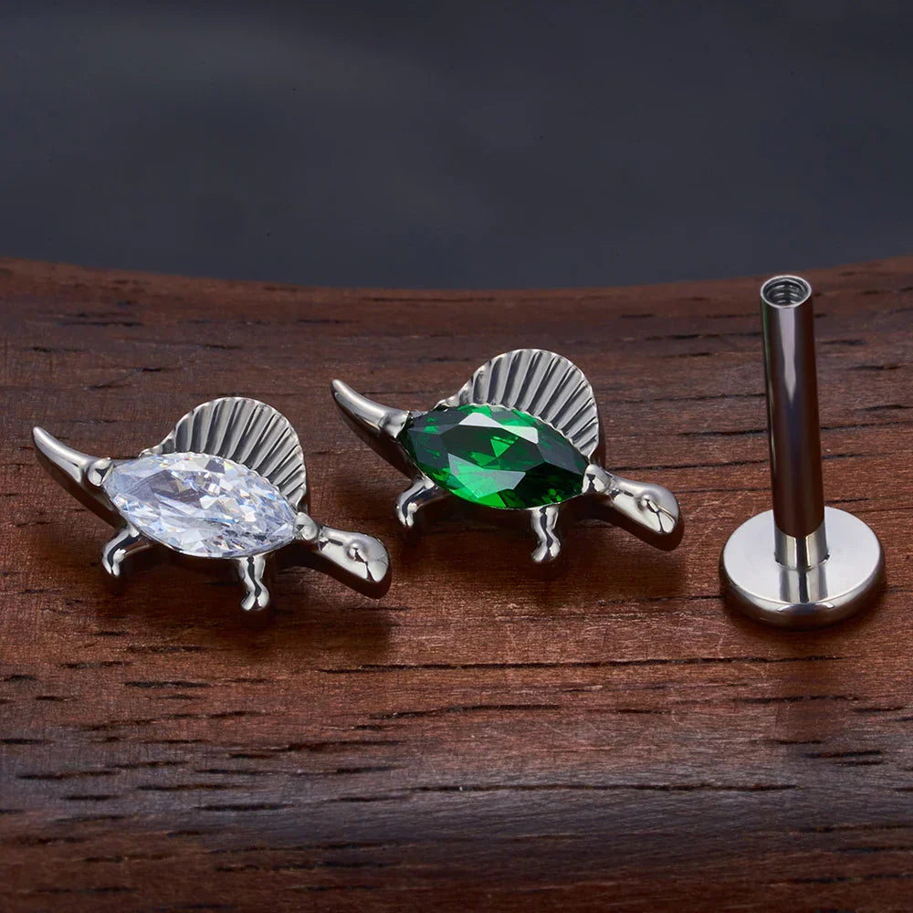 Dinosaur nose stud titanium stud with a clear green gemstone cute nose stud