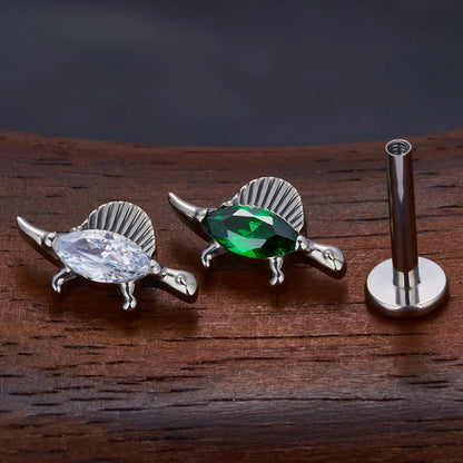 Dinosaur nose stud titanium stud with a clear green gemstone cute nose stud