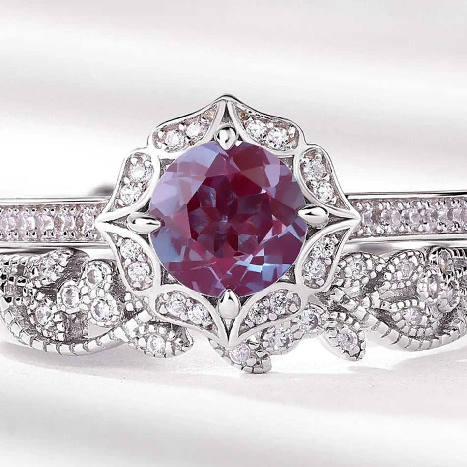 Alexandrite wedding ring set vintage style art deco ring set