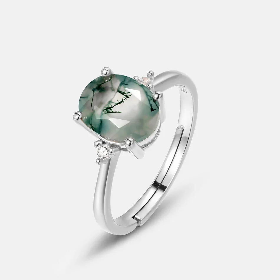 Oval moss agate engagement ring gold and silver with CZ stones green moss agate