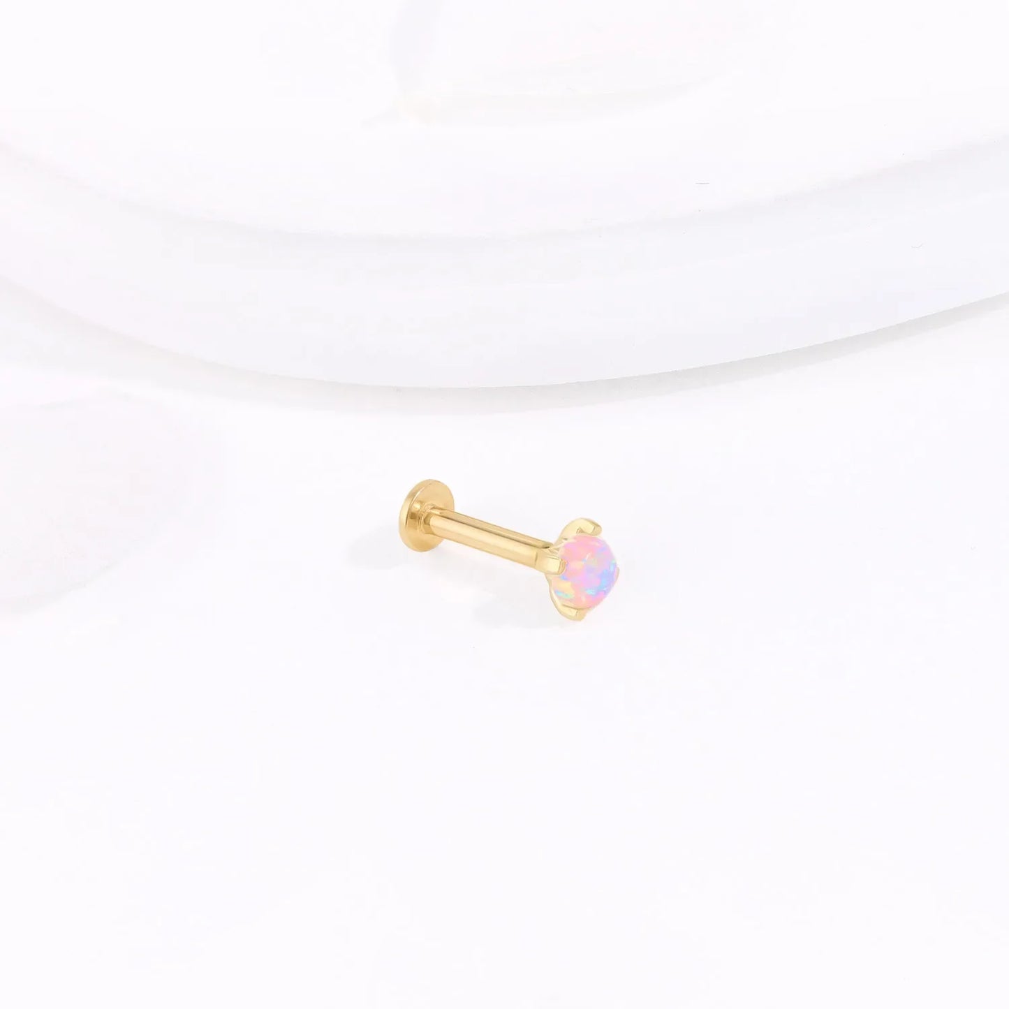 Solid gold nose stud with opal 14K gold lip piercing