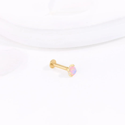 Solid gold nose stud with opal 14K gold lip piercing