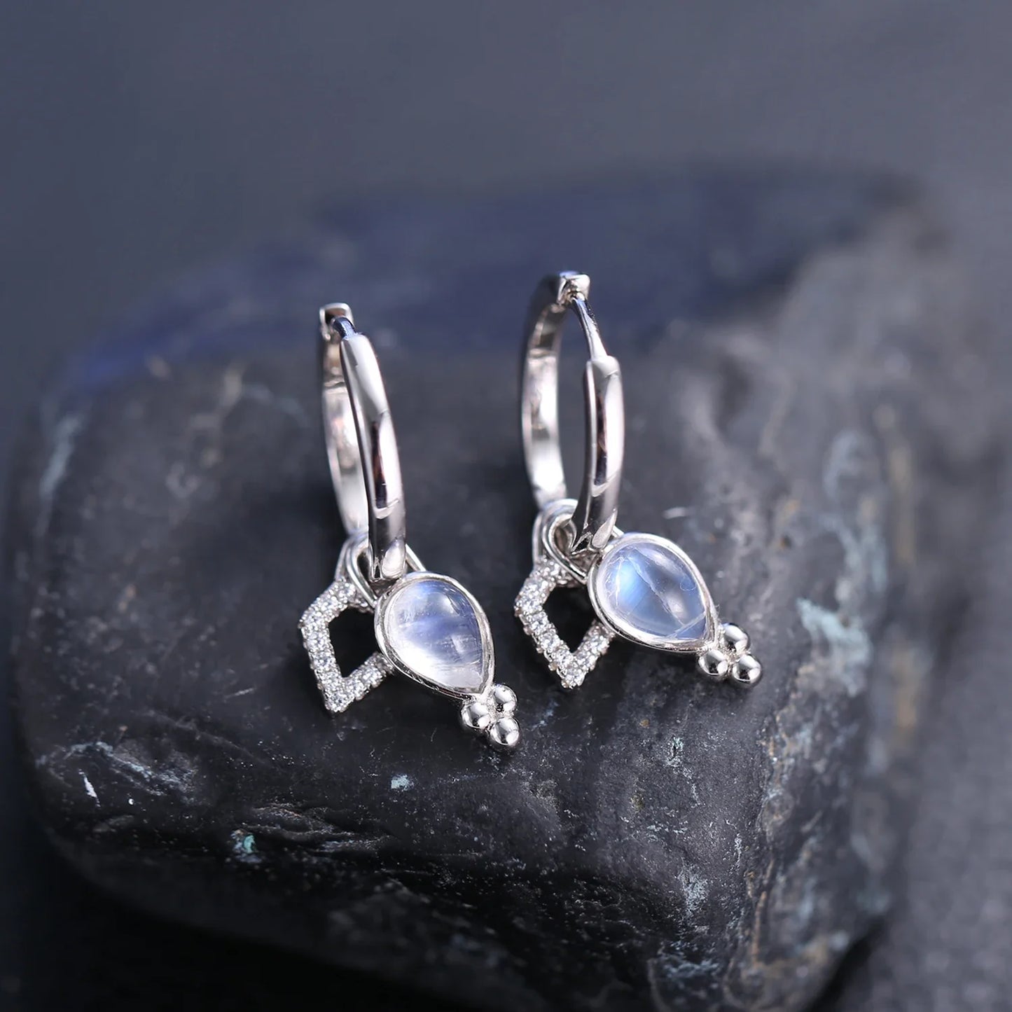Moonstone drop earrings with teardrop moonstones three dots and cz short hoop earrings
