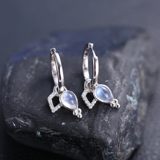 Moonstone drop earrings with teardrop moonstones three dots and cz short hoop earrings