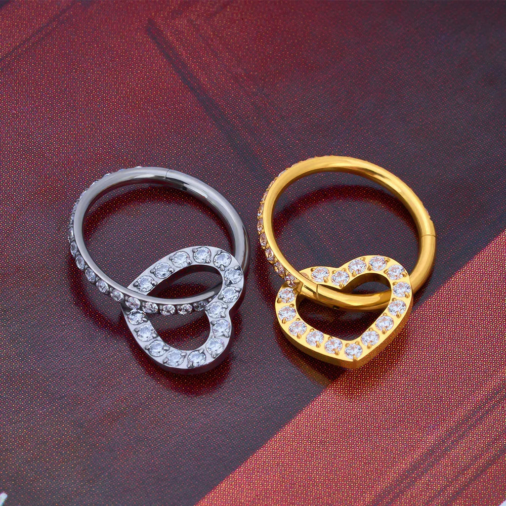 Conch piercing hoop with a heart pendant titanium gold silver 16G 8mm 10mm 12mm